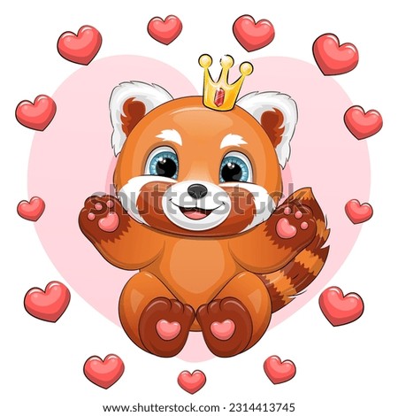 Cute cartoon red panda with heart framed crown. Vector illustration of an animal on a pink background.