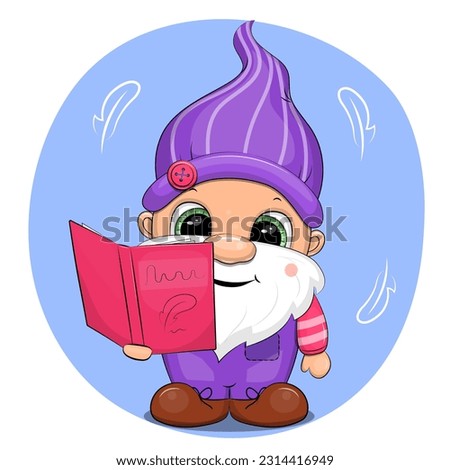 Cute cartoon gnome in a purple clothes is reading a book. Vector illustration of a dwarf man on a blue background.