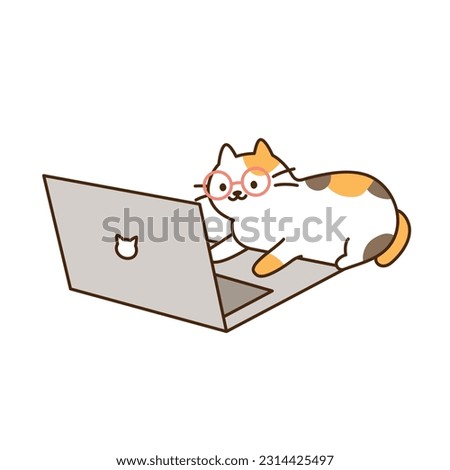 Cute cat. A tricolor cat wearing glasses is working on a computer.
