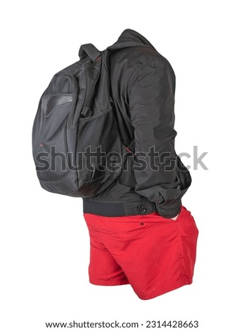 black backpack,red shorts, black jacket isolated on white background. casual wear