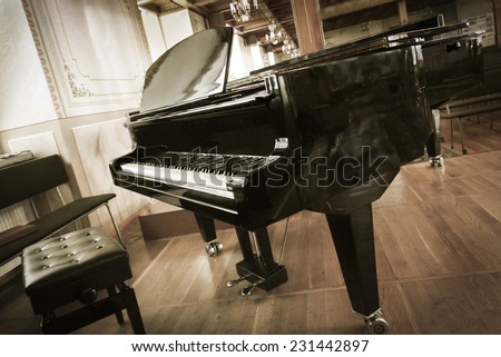 Grand-piano with a chair in the hall  Royalty-Free Stock Photo #231442897