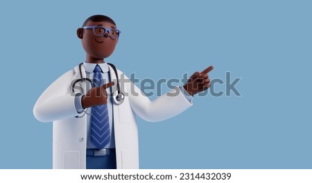 3d render. African cartoon character cute man doctor with brown skin wears glasses and white coat, shows right direction with finger. Medical clip art isolated on blue background. Health care solution