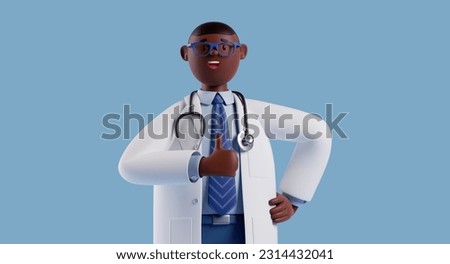 3d render, cartoon character doctor with dark skin, wears glasses, shows thumb up, like gesture. Medical health care clip art isolated on blue background. Approval concept