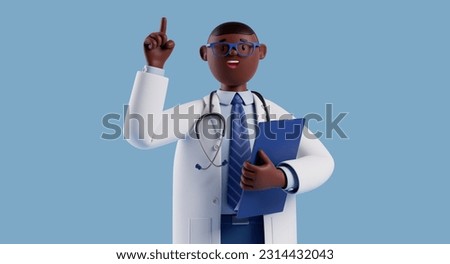 3d render, cartoon character doctor with dark skin, wears glasses, shows finger up, holds blue clipboard. Health care clip art isolated on blue background. Solution of medical problem
