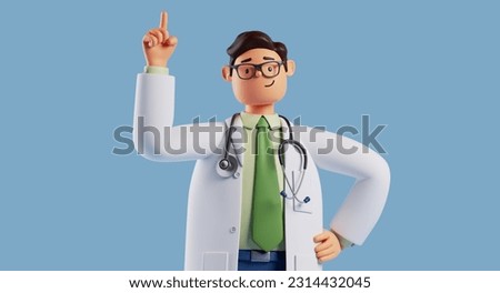 3d render. Cartoon character caucasian man doctor wears glasses tie and white coat. Finger pointing up. Medical clip art isolated on blue background. Healthcare assistant advice, medicine science