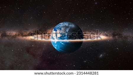 Rainbow surrounds the Planet Earth with Milky Way galaxy in the background "Elements of this Image Furnished by NASA"