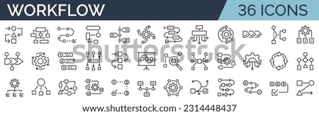 Set of 36 icons related to workflow, processing, operation. Outline icon collection. Editable stroke. Vector illustration. Royalty-Free Stock Photo #2314448437