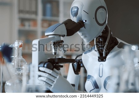 AI robot using a microscope in the scientific laboratory: artificial intelligence and research concept Royalty-Free Stock Photo #2314449325