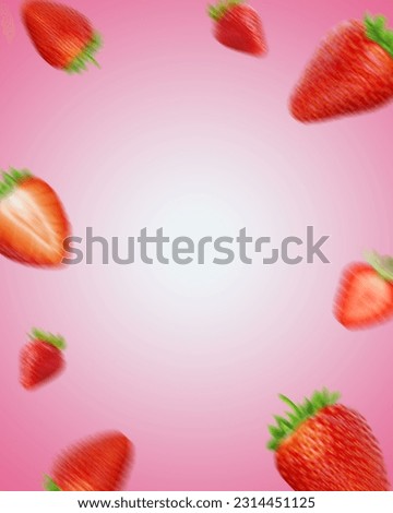 Falling strawberries with empty space in middle to place a product. Motion blur strawberries flying in air.