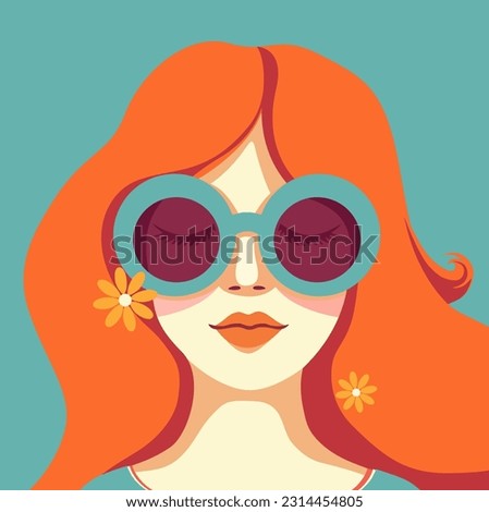 Red-haired girl with sunglasses on aquatic tone background. Summer Hippie style, 70s vibes. Flat vector illustration. Royalty-Free Stock Photo #2314454805