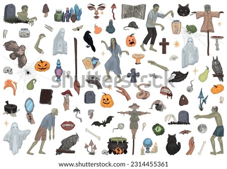 Halloween clip arts collection. Zombies, witchcraft, spooky animals, ghosts, occult items. Colored vector illustration in cartoon style. Spooky doodles isolated on white background.