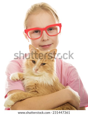A girl with a cat in her arms on a white background.