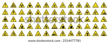 Big Set of 65 isolated hazardous symbols on yellow round triangle board warning sign Royalty-Free Stock Photo #2314477781