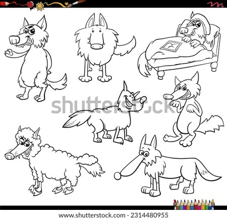 Black and white cartoon illustration of wolves animal characters set coloring page