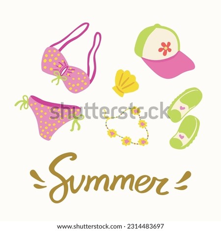 Summer quote. Hand drawn y2k concept groovy design with typography. Bikini, baseball cap, shell, slippers. Great for cards, greeting, stationery, prints and posters