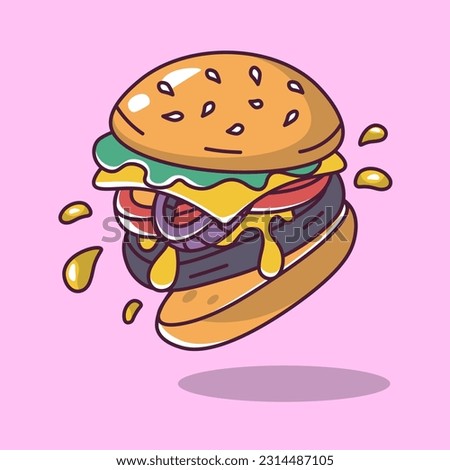 opened burger with tomato and onion cartoon style illustration vector illustration