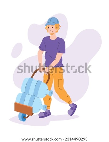 Blonde water delivery man carting bottle of water to customer. Courier carrying purified drinkable liquid bottles. Express city courier services. Process of doorstep delivery to home. Vector