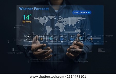 The user's hand check the weather forecast on screen checking the weather during the day, such as temperature, wet dry bulb absulute humidity, relative, atmospheric pressure, UV index and rain fall. Royalty-Free Stock Photo #2314498101