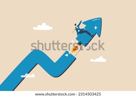 Investment growth boosting profit earning, increase market return or boost growth, growing fast, startup launch project or improvement concept, businessman riding rising up arrow with rocket booster. Royalty-Free Stock Photo #2314503425