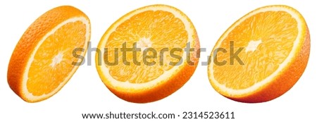 Orange slice isolated on white. Orange round slices on white background. Orang fruit collection with clipping path. Full depth of field. Royalty-Free Stock Photo #2314523611