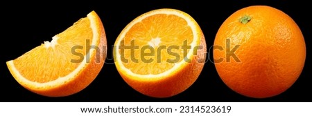 Orange isolated on black. Whole orange with half and slice on black background. Orang fruit collection with slice. Clipping path. Full depth of field. Royalty-Free Stock Photo #2314523619