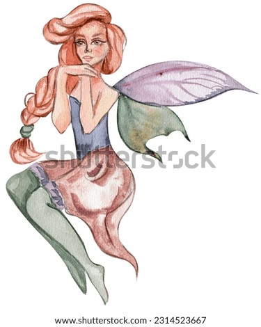 Forest fairy girl with magic wings. Watercolor hand drawn fairy tale illustration. Perfect for greeting card, poster, wedding invitation, party decor