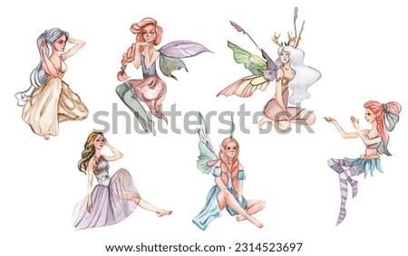 Forest fairy girl with magic wings set. Watercolor hand drawn fairy tale illustration. Perfect for greeting card, poster, wedding invitation, party decor