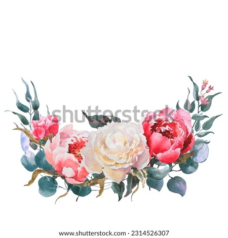 Pink and white flowers peonies watercolor and eucaliptus leaves, floral clip art. Bouquet perfectly for printing design on invitations, cards, wall art and other. Isolated on white background.