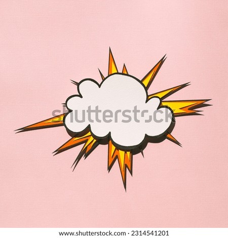 White comic speech bubble on pink background with lightning. Handmade paper cutout artwork. Pop art concept. Cartoon flat lay style. Frame for your web banner.  Royalty-Free Stock Photo #2314541201