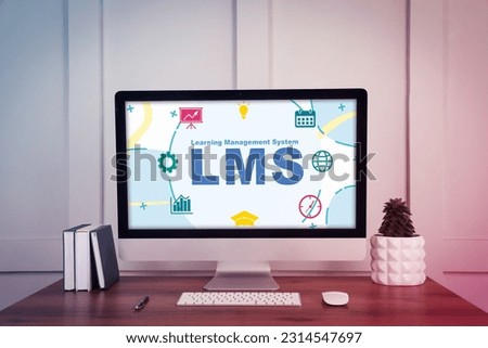 Learning Management System. Computer monitor with different icons and abbreviation LMS on screen. Workplace with modern device, notebooks and houseplant Royalty-Free Stock Photo #2314547697
