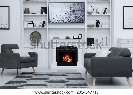 Stylish room with beautiful fireplace and comfortable furniture. Interior design