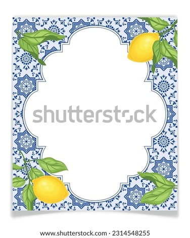 Frame with blue tiles and lemon branches, vector. Royalty-Free Stock Photo #2314548255