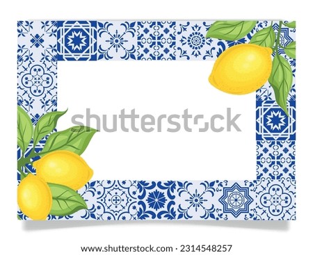 Frame with blue tiles and lemon branches, vector. Royalty-Free Stock Photo #2314548257
