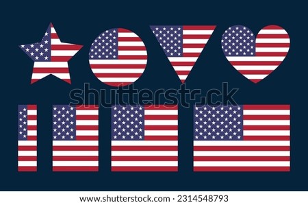 USA flag vector icons set in the shape of heart, star, circle and map. American flag illustration in different geometrical shapes.