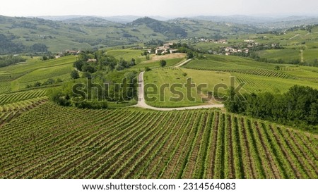 Italy , Oltrepo' Pavese , 
hills with vineyards for the production of wine in Route of Wine and Flavors   - Tuscan Apennines landscape from the drone, tourist attraction destination sightseeing Royalty-Free Stock Photo #2314564083