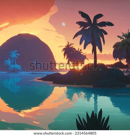3d in sunset of natural beach island design wallpaper