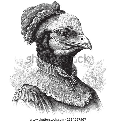Hand Drawn Engraving Pen and Ink Chicken Portrait Dressed in Victorian Era Vintage Vintage Vector Illustration Royalty-Free Stock Photo #2314567567