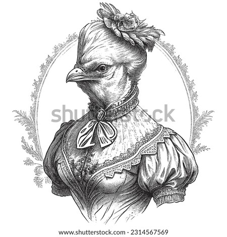 Hand Drawn Engraving Pen and Ink Chicken Portrait Dressed in Victorian Era Vintage Vintage Vector Illustration