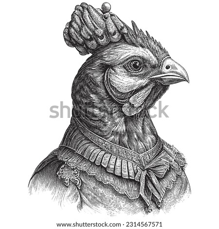 Hand Drawn Engraving Pen and Ink Chicken Portrait Dressed in Victorian Era Vintage Vintage Vector Illustration Royalty-Free Stock Photo #2314567571