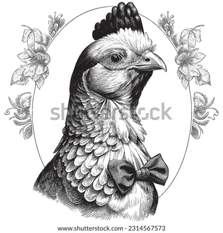 Hand Drawn Engraving Pen and Ink Chicken Portrait Dressed in Victorian Era Vintage Vintage Vector Illustration Royalty-Free Stock Photo #2314567573
