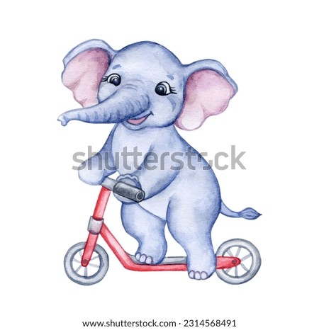 Cute baby elephant rides a scooter, bike, children's illustration. Watercolor isolated on white background. Template. Close-up. Clip art. Hand drawn.