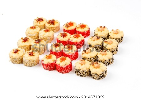 set of rolls with salmon shrimp avocado on white background for online food delivery website 14