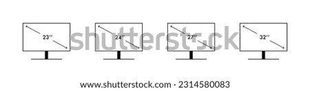 Computer diagonal screen size icon set. 23; 24; 27; 32 inch screen size. Vector illustration.