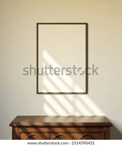 clean minimalist empty frame mockup poster hanging on the white wall above the wooden cabinet 3d render Royalty-Free Stock Photo #2314590431