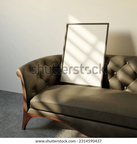 Aesthetic frame mockup poster laying on the Chesterfield sofa light by window silhouette 3d render Royalty-Free Stock Photo #2314590437