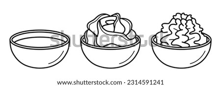 Soy sauce, wasabi and pickled ginger in a bowls. Set of japanese sushi condiment. Collection of hand drawn icons in doodle sketch style. Vector illustration isolated on white background. Royalty-Free Stock Photo #2314591241