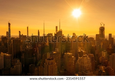 Aerial drone photo NYC orange haze from Canada fires 2023