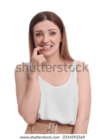 Beautiful emotional businesswoman posing on white background