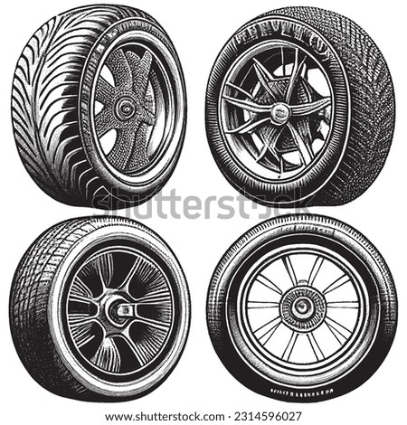 Hand Drawn Engraving Pen and Ink Car Tires Collection Vintage Vector Illustration