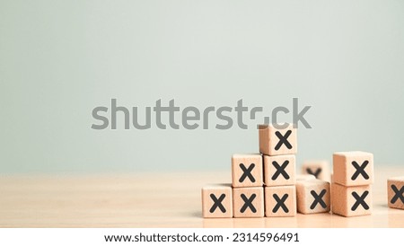 Plenty many wooden blocks full crossed marks table background. Wrong mistakes failure faults symbol icon. Defect malfunction error bug imperfection inaccuracy product manufacturing production concept. Royalty-Free Stock Photo #2314596491